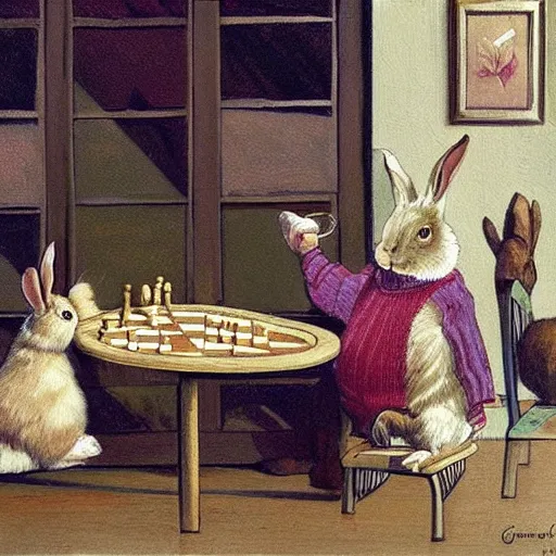 Image similar to rabbits drinking tea and playing chess. Painting of rabbits in sweaters by James Gurney (charming illustration of two cute rabbits).