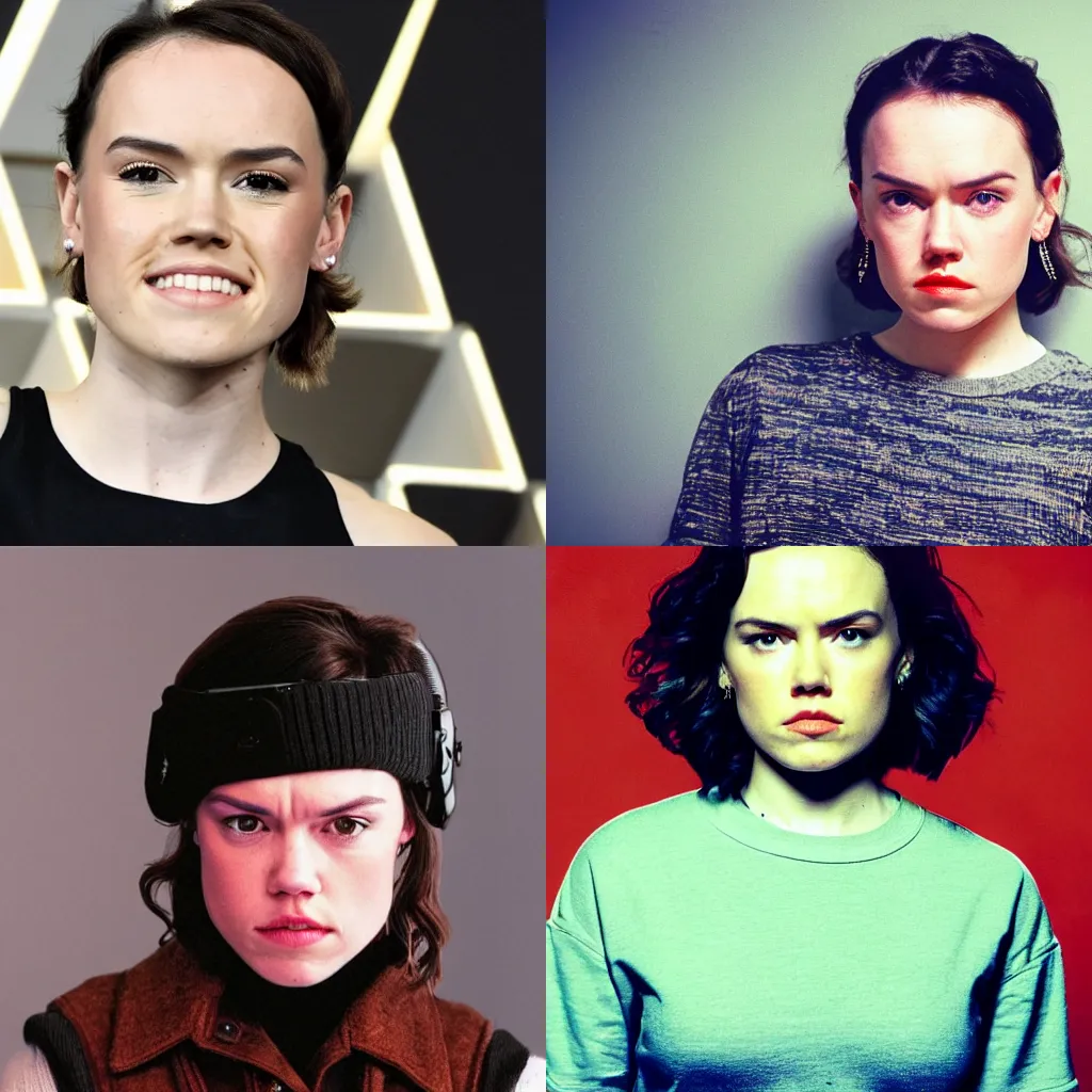 Prompt: daisy ridley as a 90s rapper fisheye lens album art professional photo