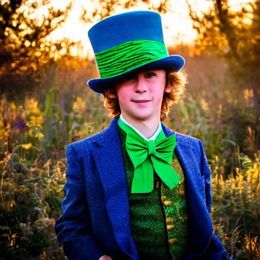 Prompt: Willy Wonka portrait, golden hour, EOS-1D, f/1.4, ISO 200, 1/160s, 8K, RAW, unedited, symmetrical balance, in-frame