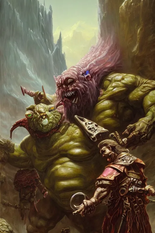 Prompt: a dungeons and dragons ogre, realistic oil painting by thomas cole and wayne barlowe and brom, lotr, dnd