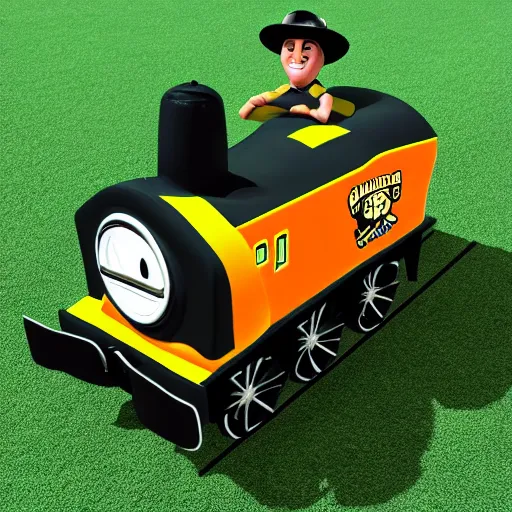 Prompt: purdue pete as thomas the tank engine on a football field