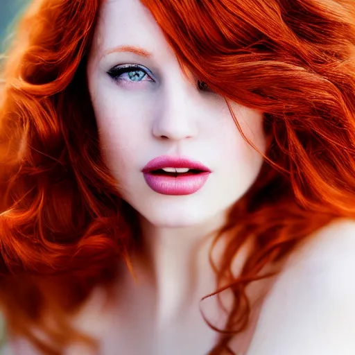 Prompt: beautiful redhead woman, Photography, Glamor Shot, Portrait, telephoto, Closeup