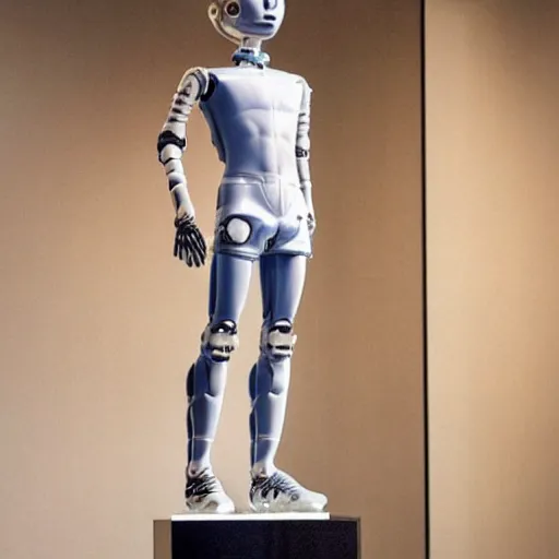 Image similar to a realistic detailed photo of a guy who is an attractive humanoid who is half robot and half humanoid, who is a male android, soccer player martin ødegaard, shiny skin, posing like a statue, blank stare, by the pool, on display, showing off his muscles, humanoid robot, frozen ice statue