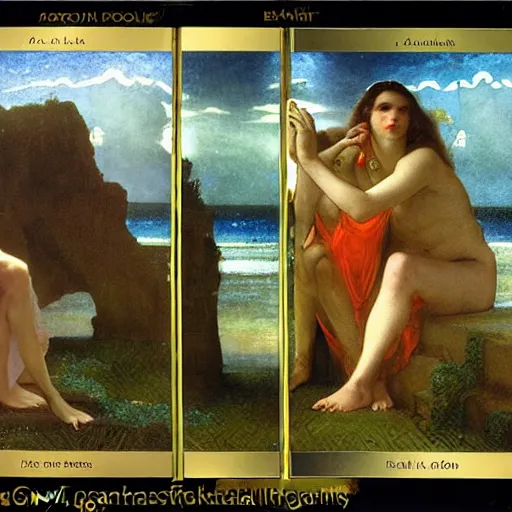 Image similar to The maze, refracted sparkles, thunderstorm, greek pool, beach and Tropical vegetation on the background major arcana sky, by paul delaroche, alphonse mucha and arnold böcklin, hyperrealistic symmetrical 8k, award-winning, very very very detailed