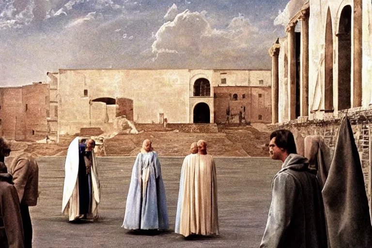 Prompt: a scene from the movie la felicita ( 1 9 7 1 ) by luchino visconti with mastroianni entering a city reminiscent of the ideal city by piero della francesca. technicolor, cinematic, 5 0 mm, highly detailed