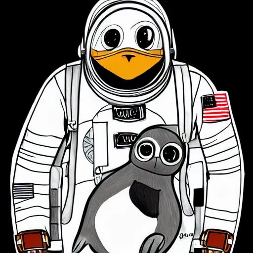 Image similar to cute drawing of a penguin on an astronaut suit, drawing, digital art, trending on artstation, 4 k