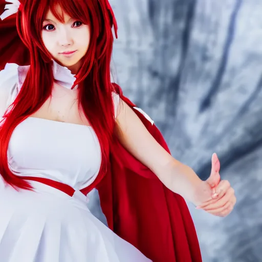 Image similar to very detailed photo of anime girl cosplayer wearing white and red dress, studio photo, anatomically correct, pretty face, UHD, 8k