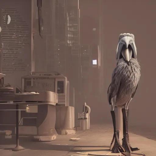 Image similar to bring your shoebill bird to work day. rendered in octane 3 d, 8 k, hq. post - apocalyptic space opera hard science fiction cyberpunk steampunk