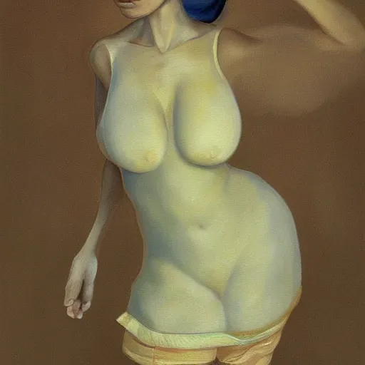 Prompt: A beautiful painting. She has deeply tanned skin that makes me think of Oort, an almond Asian face and a compact, powerful body. lemon chiffon, azure by John Kenn Mortensen, by Paul Gauguin highly detailed, Trending on artstation