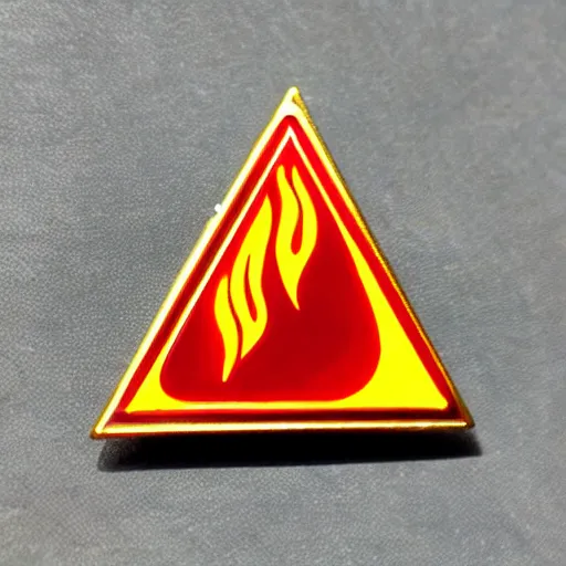 Image similar to a triangle enamel pin of a retro fire flames warning label, smooth curves