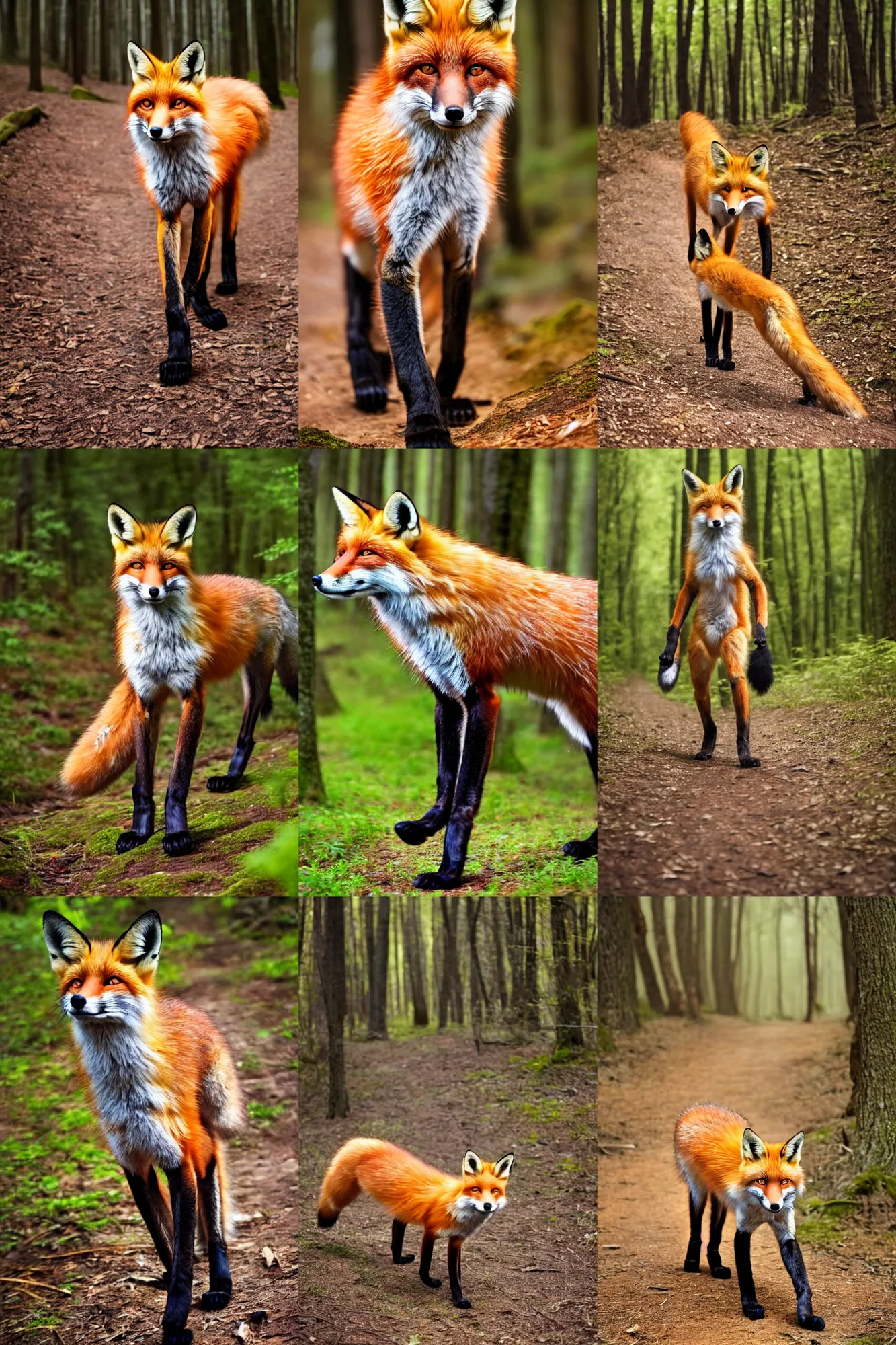 Prompt: anthro digitigrade natural - colored fox person with black paws, walking upright in a forest, award winning photo