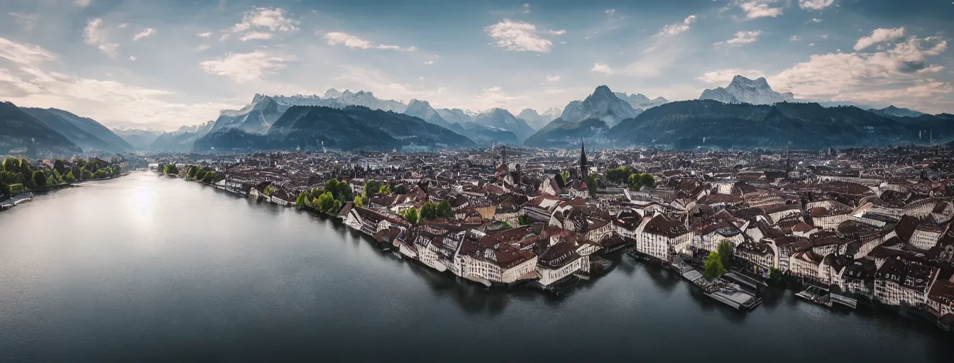 Image similar to Photo of Zurich, looking down the river at the lake and the alps, Hardturm, Grossmünster, wide angle, volumetric light, hyperdetailed, mountain water, artstation, cgsociety, 8k