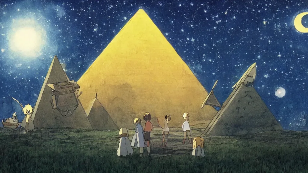 Image similar to a movie still from a studio ghibli film showing a large white pyramid and a golden ufo on a misty and starry night. by studio ghibli