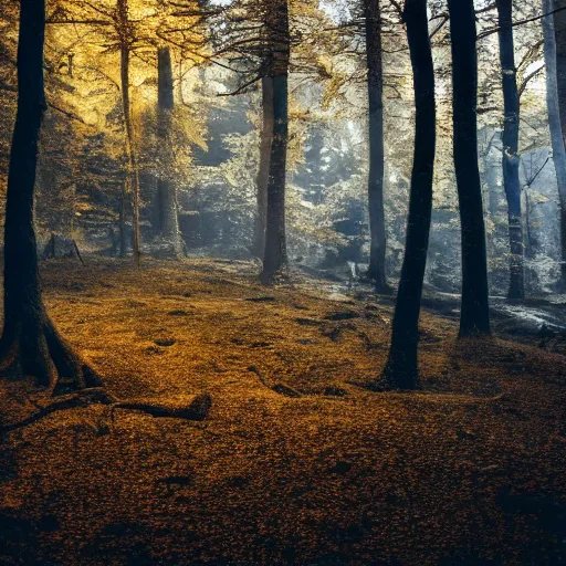 Prompt: professional photograph of a forest covered in melted silver and gold, high quality, cinematic lighting, hd, 4 k, 8 k