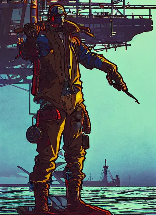 Prompt: cyberpunk arasaka mercenary on the skiff. oil rig in the background. portrait illustration, pop art, art by ashley wood, alphonse mucha, laurie greasley and josan gonzalez. cinematic. dynamic lighting. realistic proportions. creative design. cell shading