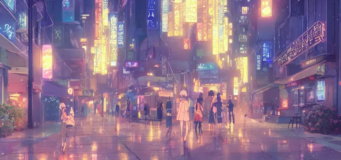 Image similar to Miko took the glowing magic scissors from her duffel bag by Makoto Shinkai. Anime key visual, bright lighting, Japanese city background, night scene, sparkles, highly detailed.