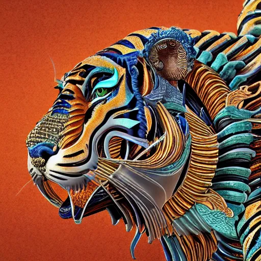 Image similar to coloured sculpture breathtakingly cool beautiful stylised balinese ornate biomechanical tiger, isometric perspective, 8 k artstation