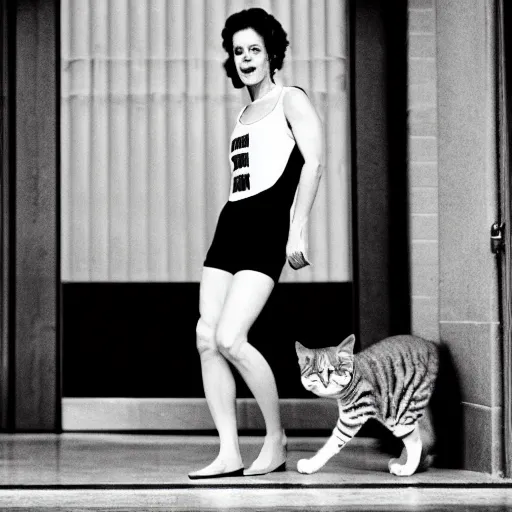 Image similar to detailed professional photographic portrait of Sigourney Weaver wearing a white singlet and her cat moving apartment New York City 1983, building entrance way Art Deco,, cinematic feel, high octane