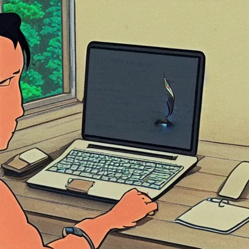 Prompt: tan-skinned guy with shoulder length black hair using a laptop, looking down, art by hayao miyazaki, studio ghibli film, twitter pfp