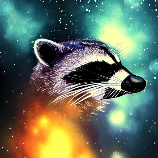 Image similar to portrait from a raccoon, feathers, bird, avian, wings, synthwave, universe background, nebula, galaxy, artstation