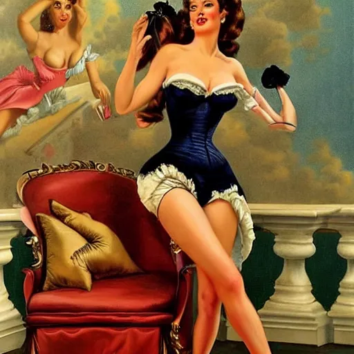 Prompt: stephanie seymour dressed in pin up style, ultra detailed, realistic, beautiful, proportional, by greg hildebrandt fancy rococo baroque oil painting high quality clothed in fancy garb in pin up style