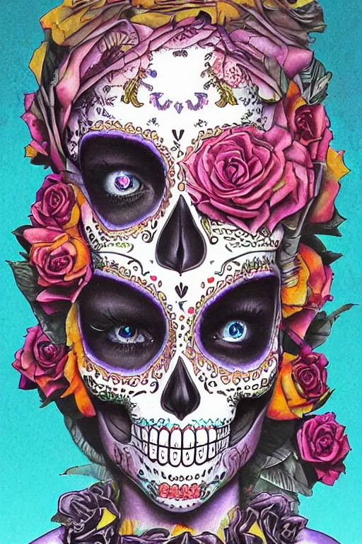 Image similar to Illustration of a sugar skull day of the dead girl, art by jim burns