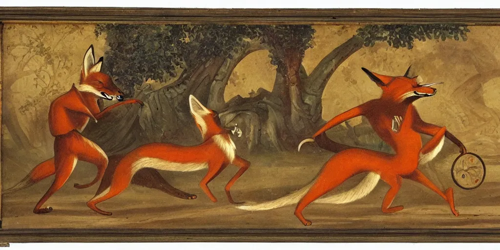 Image similar to anthropomorphic fox fighting a mechanical monster, 1 9 th century painting