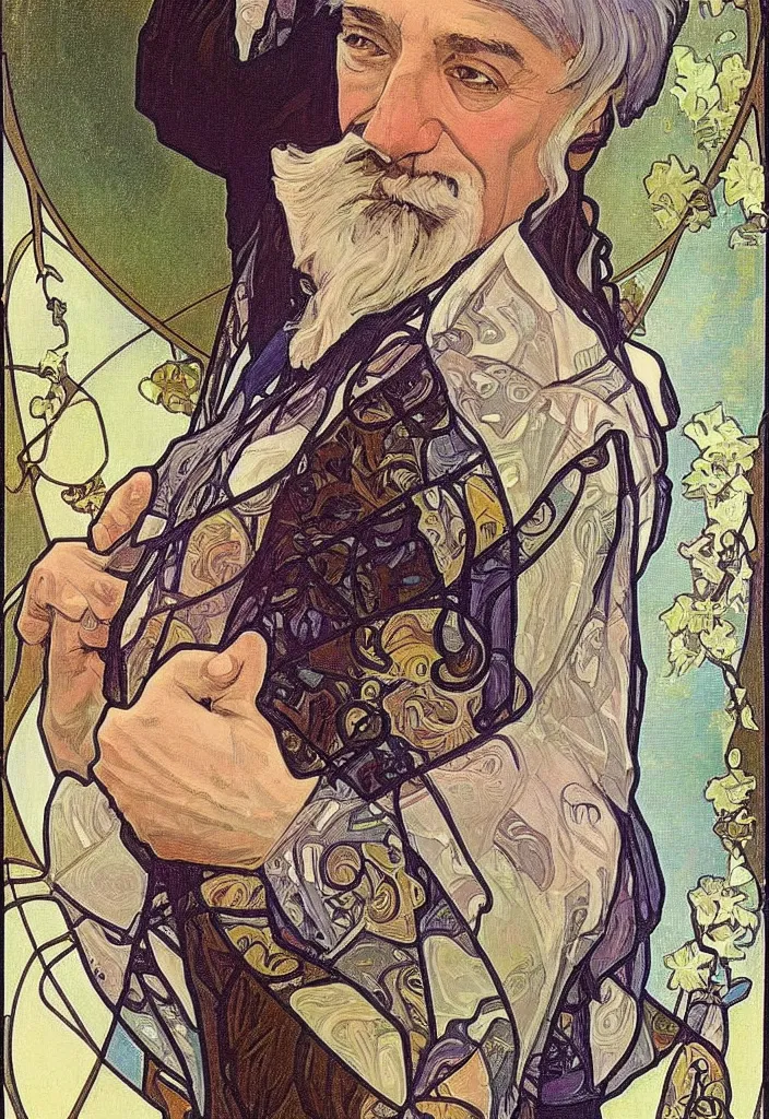 Image similar to realistic white - haired geoffrey hinton on a tarot card, tarot in art style by alphonse mucha