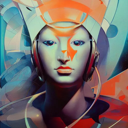 Image similar to scifi futurism automaton minimalism chrome by peter mohrbacher art Hajime Sorayama airbrush hyperrealism model abstract shatter fragments cubism futurism pastel blue soft flat minimal minimalism portrait face jackson pollock ukiyo-e lithograph mark ruthko swirl escape noise shimmer glow paint