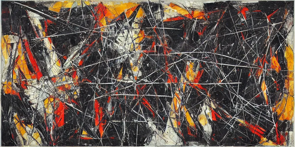 Image similar to “ a geometric mixed media painting, collaboration with pierre soulages and jackson pollock in which the paint strokes express a symphonic poem, ultra detailed, elaborate, 2 d with 3 d feel, unique textures, pattern, orchestra, music wave patterns embedded in the paint, triadic colors, hazy noisy tones ”