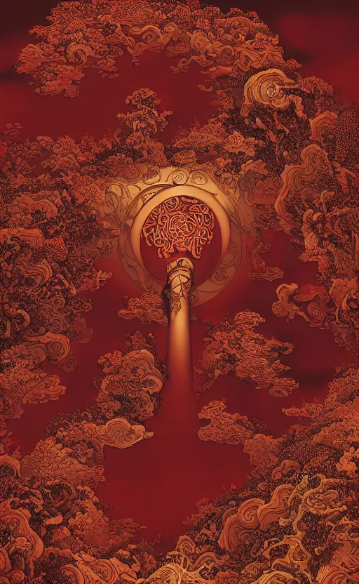 Image similar to masterpiece dark red paper with intricate designs, tarot card, a mandelbulb fractal southeast asian diety statue, full of golden layers, flowers, clouds, vines, mushrooms, swirls, curls, wave by Hokusai and Mike Mignola, trending on artstation, elaborate illustration, beautiful hands close to a candle in dark room, cinematic, powerful, moon beams dramatic light, highly, intricate elements, detailed, digital painting, artstation, concept art, sharp focus, illustration, art by artgerm