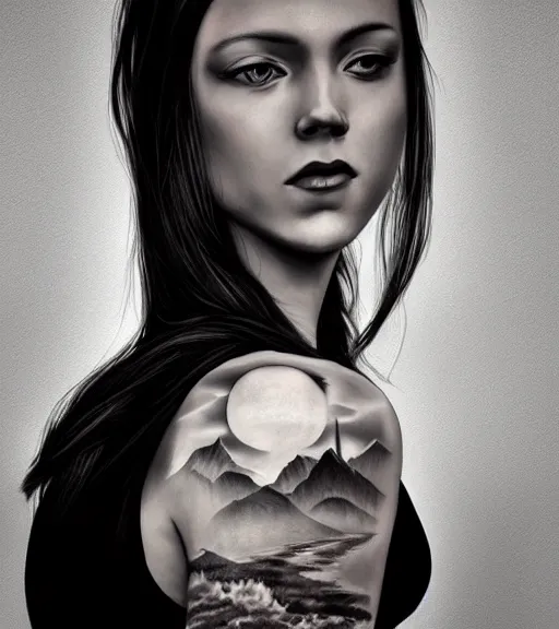 Image similar to a beautiful girl portrait, faded mountain background, realism tattoo, in the style of den yakovlev, black and white, hyper realistic, highly detailed