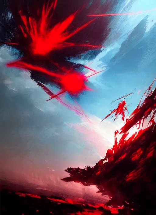 Prompt: red comet in the sky above the sea. in style of yoji shinkawa and hyung - tae kim, trending on artstation, dark fantasy, great composition, concept art, highly detailed, vibrant colours.