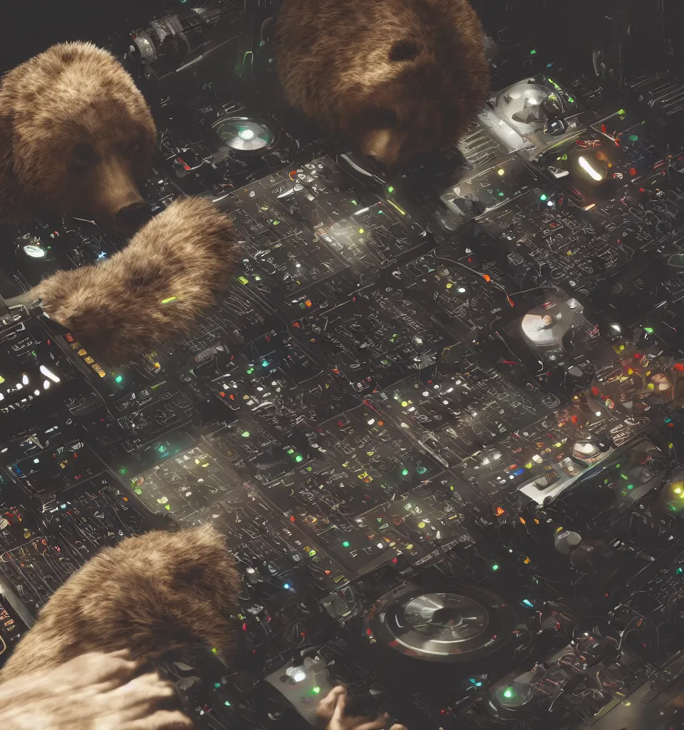 Prompt: an anthropomorphic cyborg grizzly bear dj mixing records on stage, photorealistic, highly detailed, illustration, lifelike, highly detailed, intricate, octane render, sharp focus, cyberpunk,