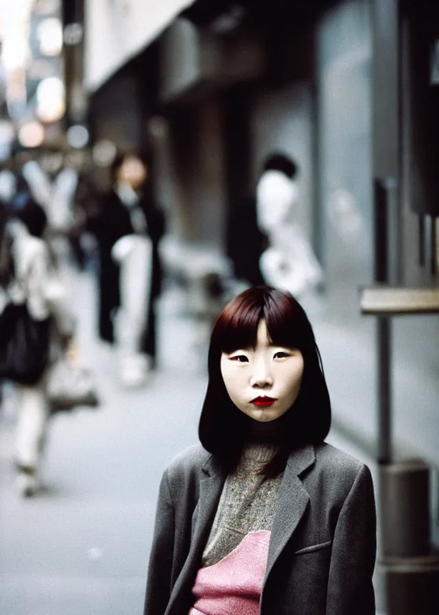 Image similar to a portrait street photograph shot on cinestill 5 0 d of a japanese woman in 9 0 s fashion with modest make up, hair died to a hazelnut brown, shot in shibuya tokyo on a 3 5 mm at f / 2. 8 and 1 / 1 2 0 0 shutter speed, print magazine quality, nostalgia, 8 k