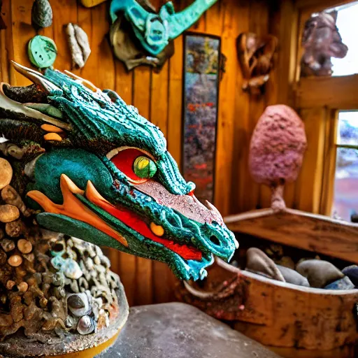 Prompt: Dragon made of clay and seashells on display in the back of the red schoolboys garden shed in the disco center for the mentally disabled in Connecticut.