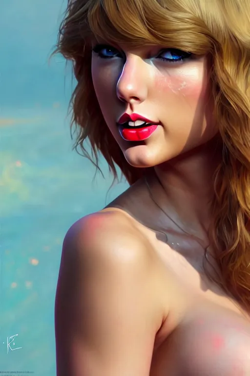 Image similar to 3 / 4 view of a portrait of taylor swift wears compact bikini, evangelion, au naturel, hyper detailed, digital art, trending in artstation, cinematic lighting, studio quality, smooth render, frostbite 3 engine rendered, art style by klimt and nixeu and ian sprigger and wlop and krenz cushart
