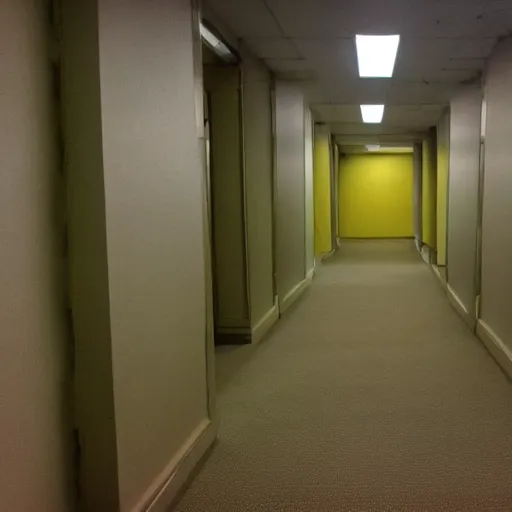 Image similar to flash low quality photograph of the backrooms, mustard - yellow old moldy moist carpet room, empty liminal space, very dark shadows, broken fluorescent lighting, horror movie scene, film grain