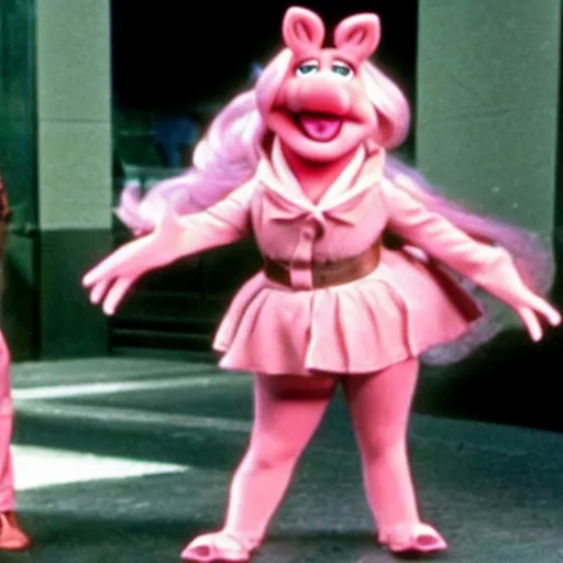 Image similar to movie still of miss piggy starring as trinity in the matrix 1 9 9 9 movie