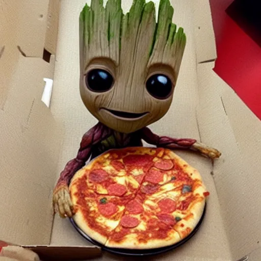 Image similar to Baby Groot eating a pizza