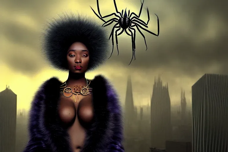 Image similar to realistic detailed photorealistic portrait movie shot of a beautiful black woman in a fur coat with a giant spider, dystopian city landscape background by denis villeneuve, amano, yves tanguy, alphonse mucha, ernst haeckel, david lynch, edward robert hughes, roger dean, cyber necklace, rich moody colours, cyber patterns, wide angle