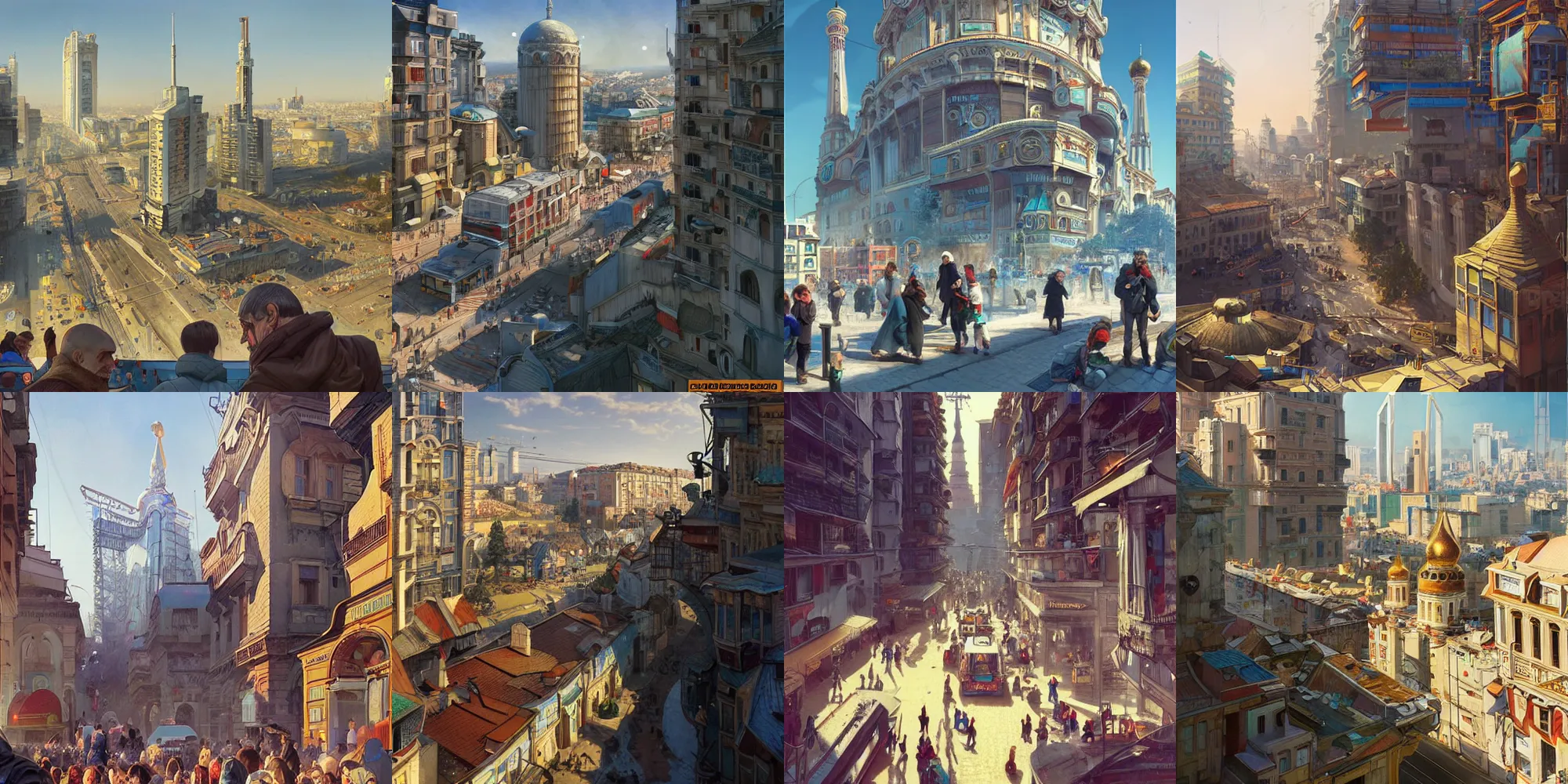 Prompt: russian city, a view from the eyes on the street, a wonderful future, cyberpunk greek architecture, a crowd of adults and children, a holiday, joy, a clear day. highly detailed, digital painting, artstation, concept art, matte, sharp focus, illustration, art by artgerm and greg rutkowski and alphonse mucha