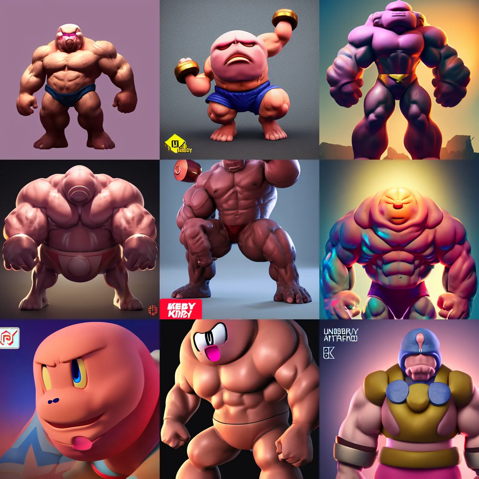 Prompt: Kirby with a strong body and strong arms, render, unreal, studio lighting, blender, trending on artstation, 8k, highly detailed