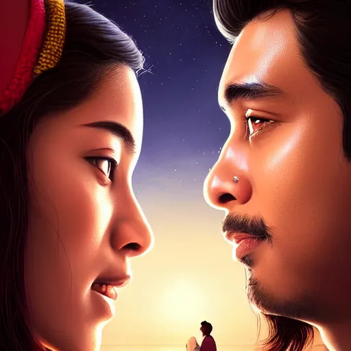 Prompt: perfectly centered movie promotional poster of young assamese guy and beautiful girl side profile faces symmetrical ; real life portrait, ultra realistic, high coherence, intricate, hdr, highly detailed, photorealistic, octane render, 8 k, unreal engine ; romantic theme, two lovers sharing one heart ; art by artgerm, greg rutkowski, charlie bowater