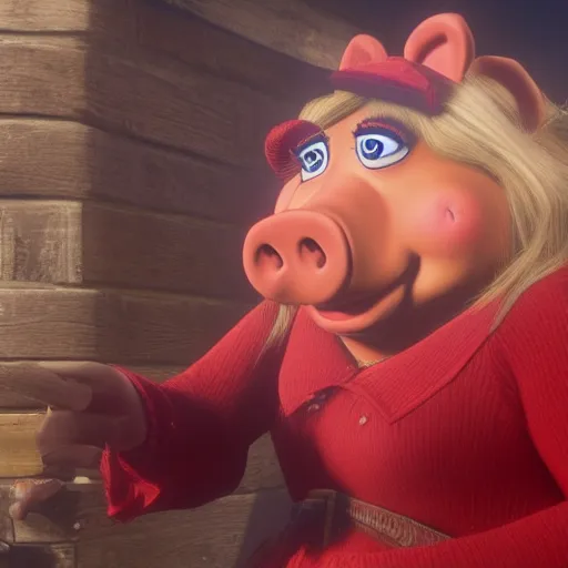 Prompt: Film still of Ms. Piggy in Red Dead Redemption 2 (2018 video game)