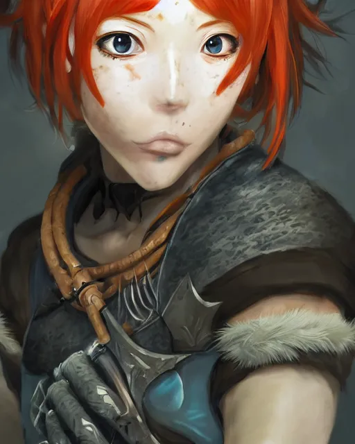 Prompt: An anime portrait of Ssunbiki as a ginger huntress with freckles from Skyrim, by Stanley Artgerm Lau, WLOP, Rossdraws, James Jean, Andrei Riabovitchev, Marc Simonetti, and Sakimichan, tranding on artstation, ultra realistic