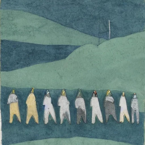 Image similar to blue green by kate beaton, by helene schjerfbeck random. a installation art of a coffin being carried by six men through an ethereal, otherworldly landscape. the men are all wearing hooded cloaks. the landscape is eerie & foreboding, with jagged rocks & eerie, glowing plants.