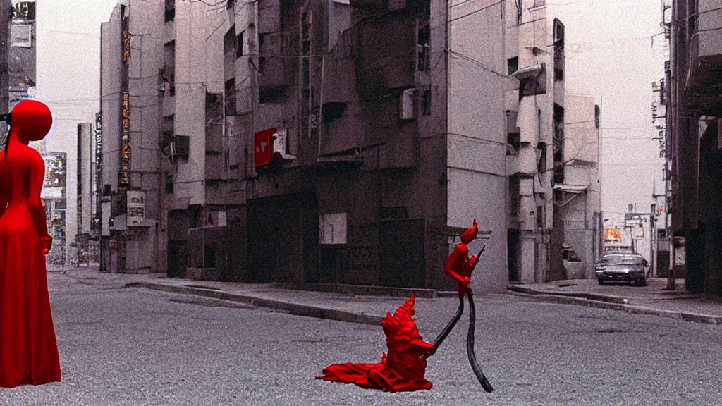 Prompt: a woman in a red dress wearing a red demon mask standing alone on an empty street in downtown Tokyo with a gun, film still from the an anime directed by Katsuhiro Otomo with art direction by Zdzisław Beksiński, wide lens