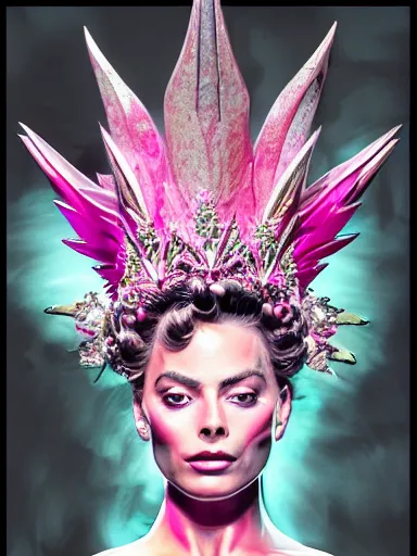 Image similar to pink portrait of beautiful female angel queen Margot Robbie head wearing shiny pink crown, subtle purple accents, hyper details, black metal rococo, sculpted by Alex Alice, Craig Mullins, yoji shinkawa, trending on artstation, beautifully lit, Peter mohrbacher, hyper detailed, insane details, intricate, elite, elegant, luxury, ray of light through smoke, CGsociety, hypermaximalist, golden ratio, volumetric, octane render, weta digital, micro details, 3d sculpture