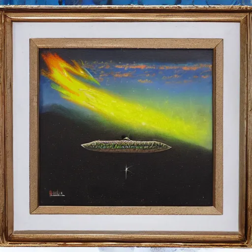 Prompt: a grassy landscape with a star destroyer falling down to the planet in flames, oil painting